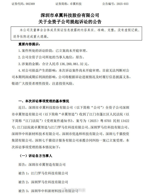 罗马仕经营危机持续发酵 卓翼科技起诉追偿1.36亿元