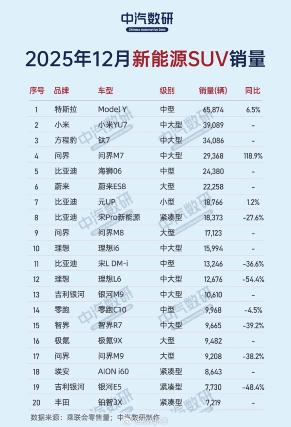 2025年12月新能源SUV销量公布 特斯拉Model Y第一