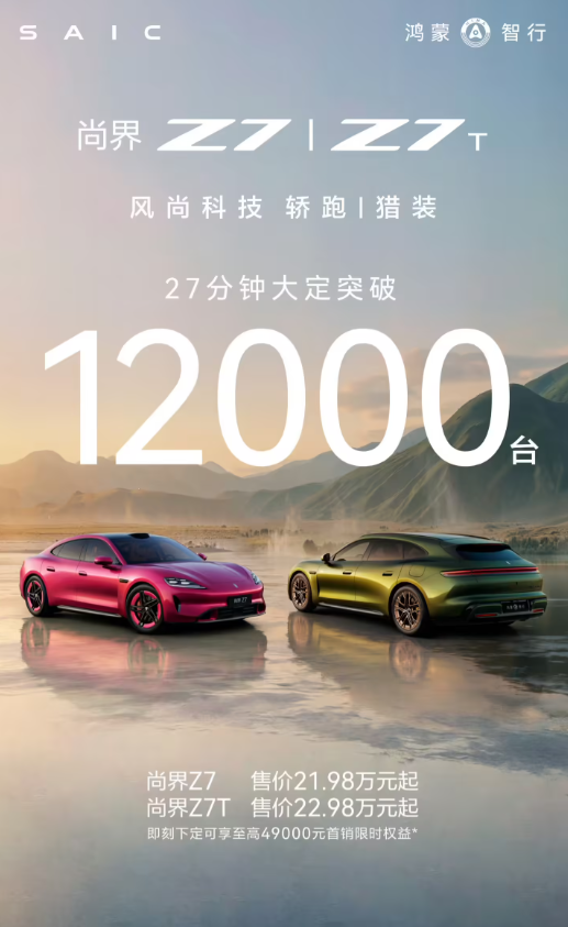 尚界Z7系列上市27分钟大定1.2万 问界M6大定破万！