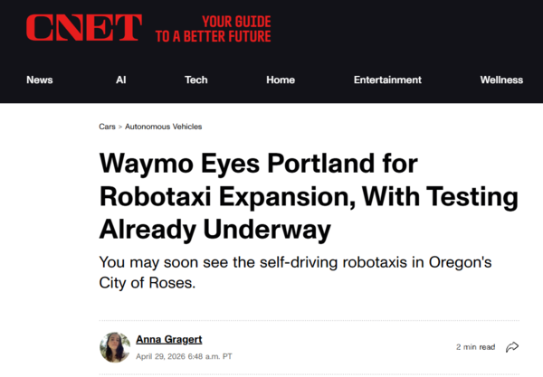 Waymo自动驾驶出租车将进入美国波特兰 前期测试已展开