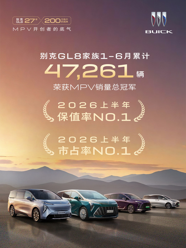 别克GL8获2026年上半年MPV销量冠军 累计销量47261辆 别克GL8获2026年上半年MPV销量冠军 累计销量47261辆
