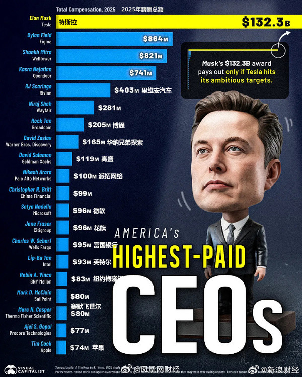 2025年美国CEO薪酬榜出炉 马斯克1323亿美元居首