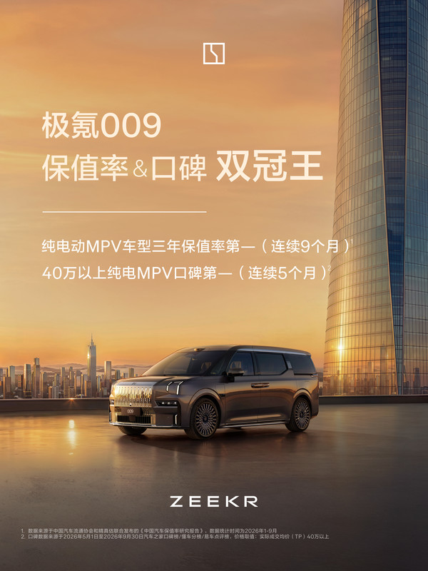 极氪009拿下纯电MPV三项榜首 连续9个月保值率第一